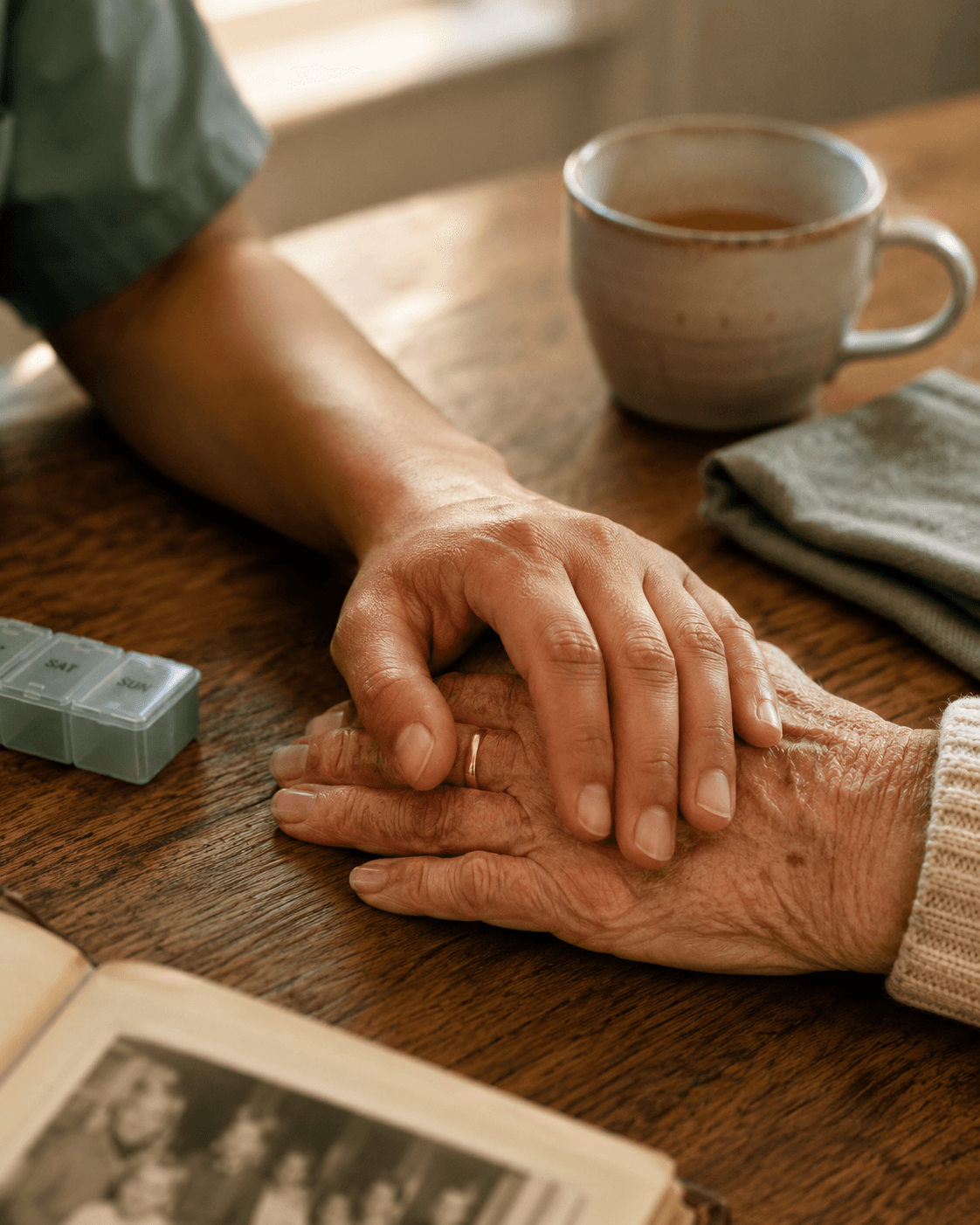 A caregiver gently holding a client's hands during a quiet conversation at home