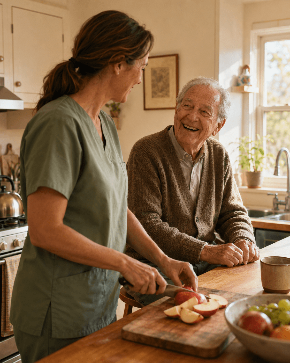 Jane's Home Care caregiver preparing fresh apple slices with a senior client in a Fresno home kitchen
