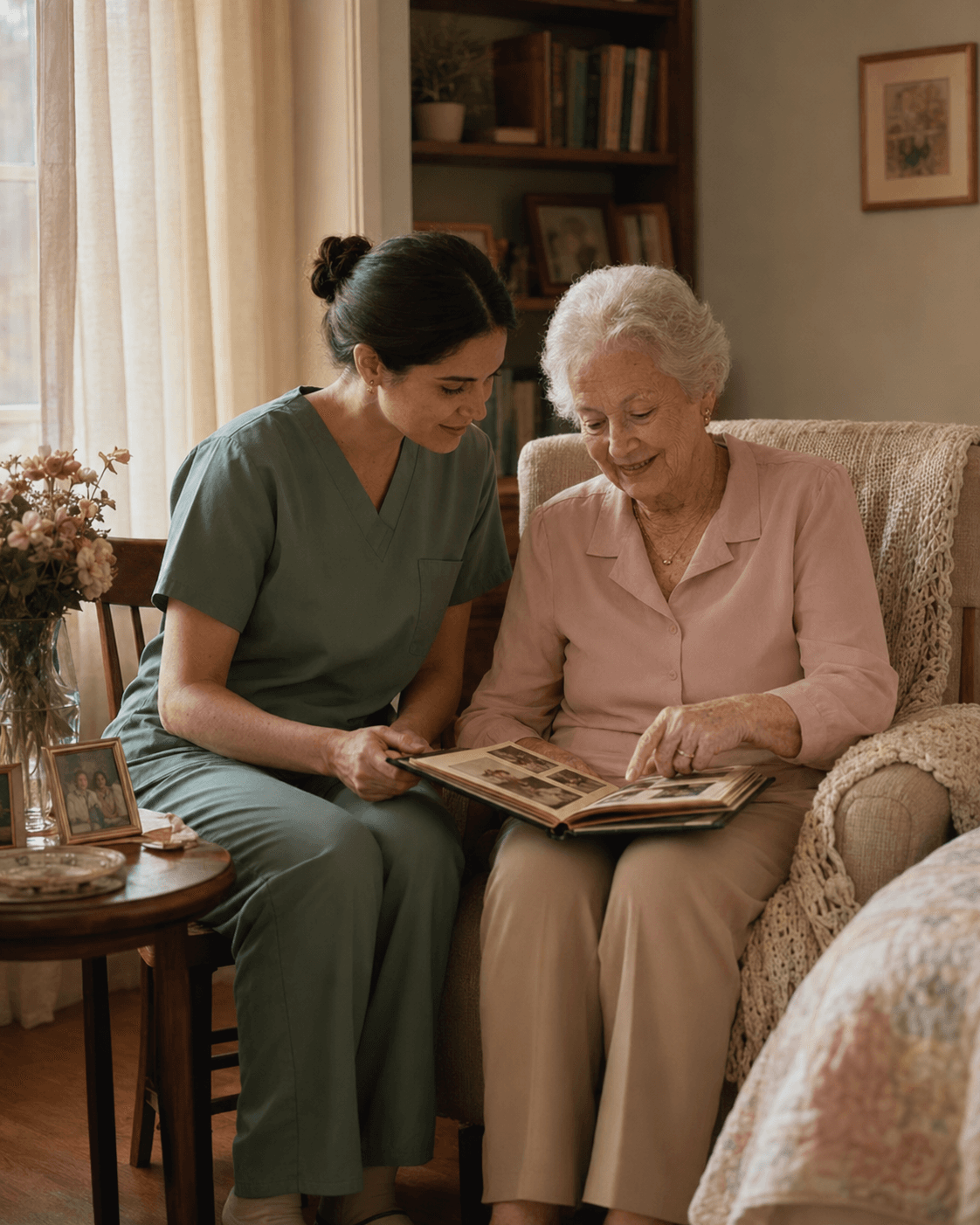 A caregiver and client sharing tea together at a kitchen table
