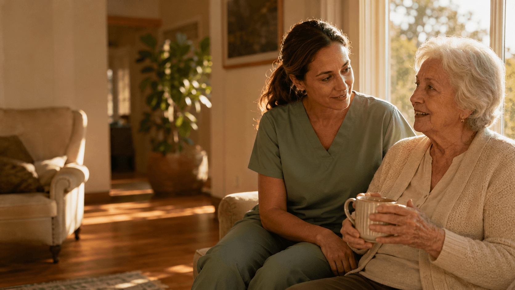 Jane's Home Care caregiver in sage scrubs sitting with an elderly woman holding a ceramic mug in a sunlit Fresno home