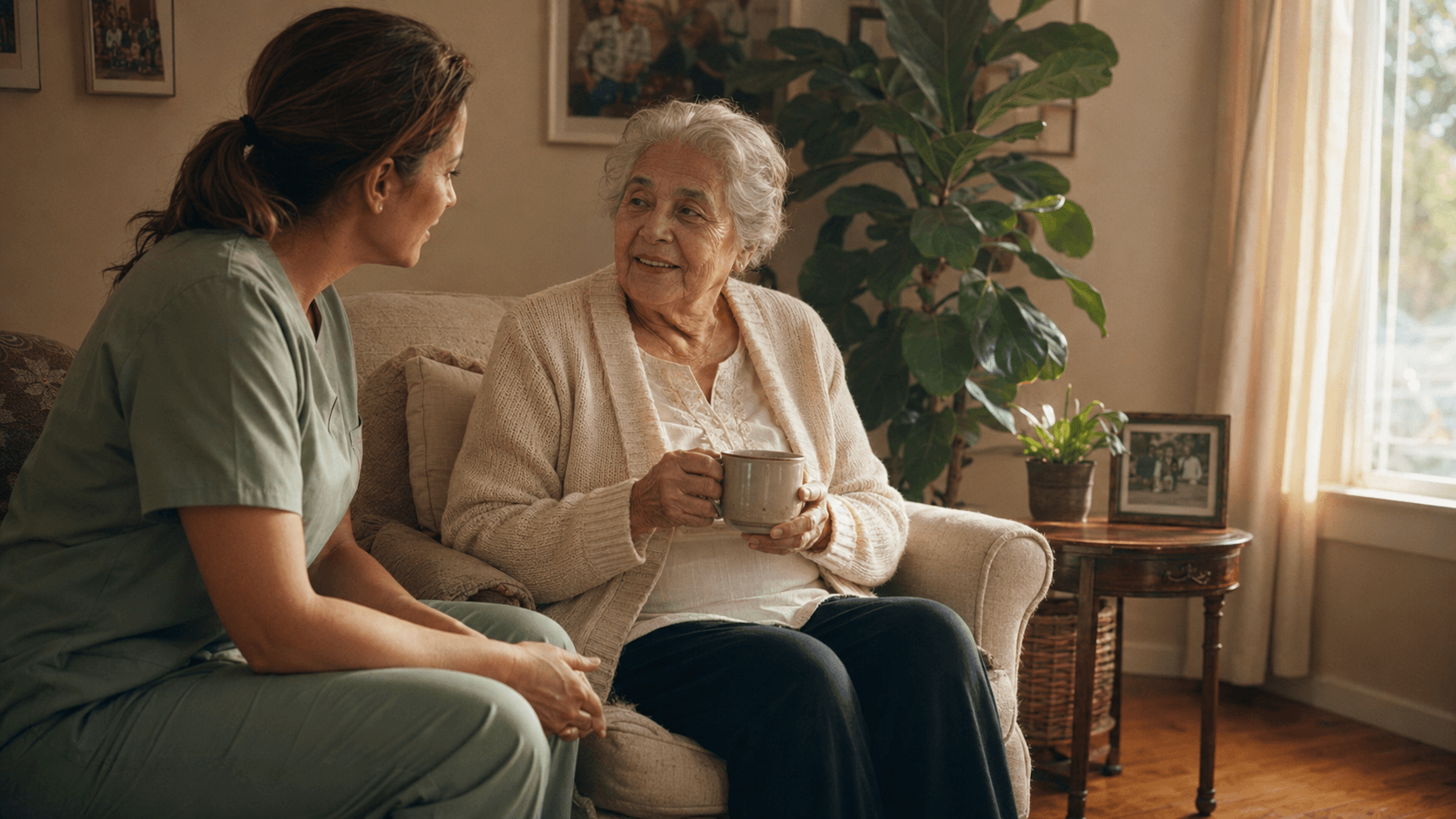 Jane's Home Care caregiver and senior woman looking through a family photo album together