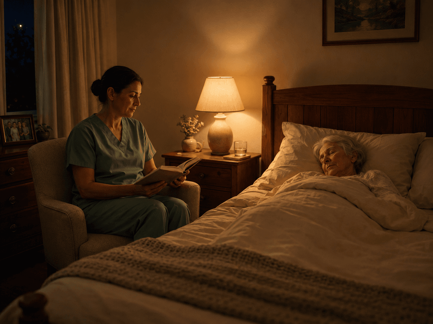 Jane's Home Care caregiver awake and reading quietly beside a peacefully sleeping senior client at night