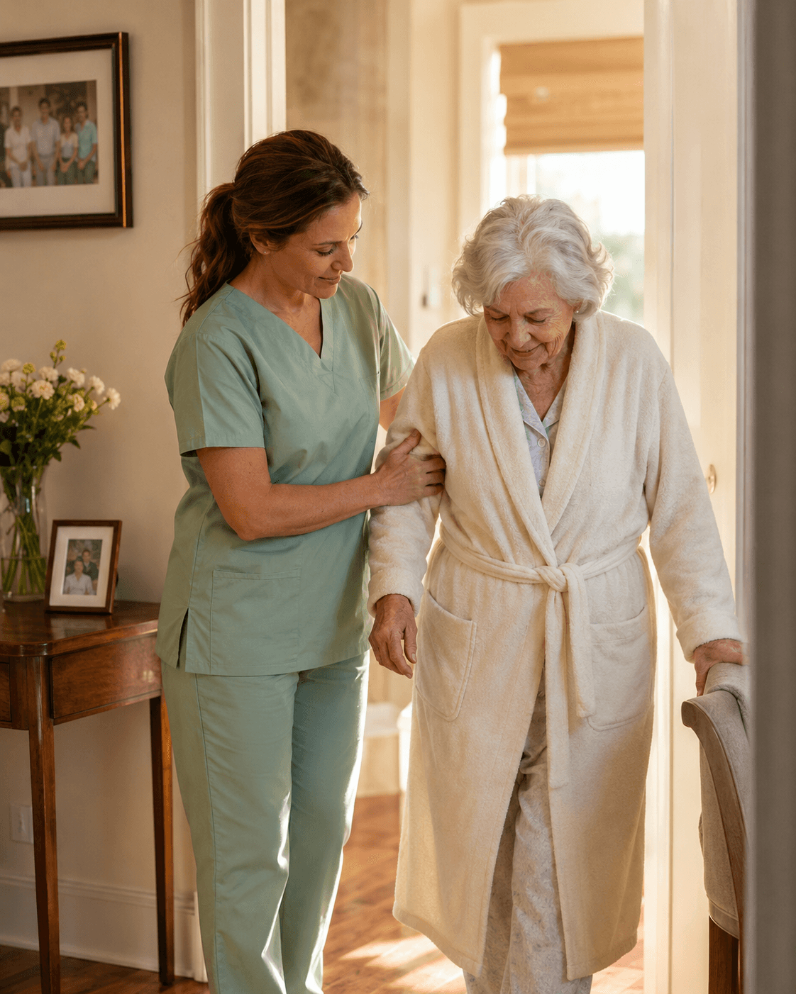 Jane's Home Care caregiver supporting an elderly woman with mobility in a sunlit home hallway