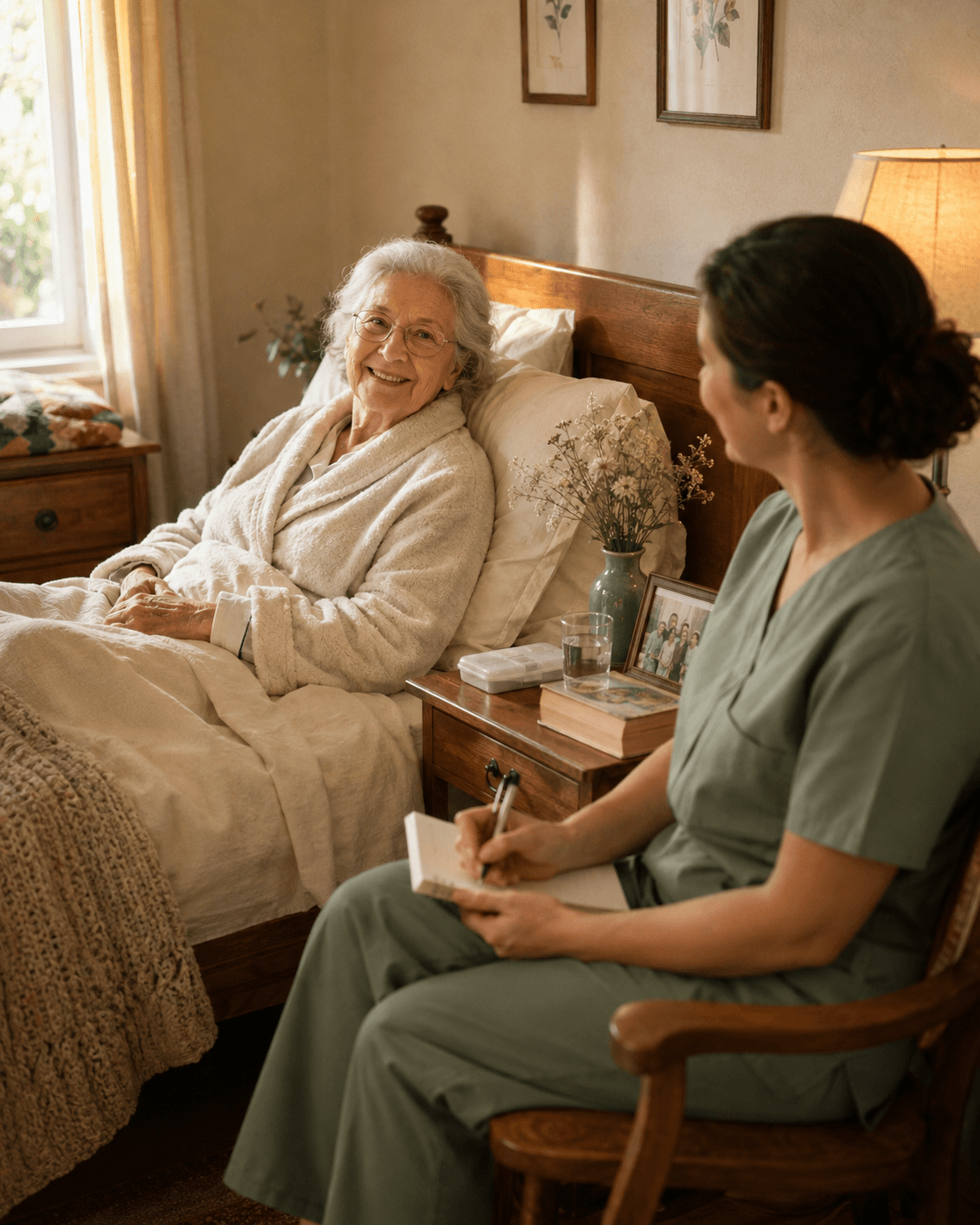 Jane's Home Care caregiver taking care plan notes with a senior client recovering at home in the Central Valley