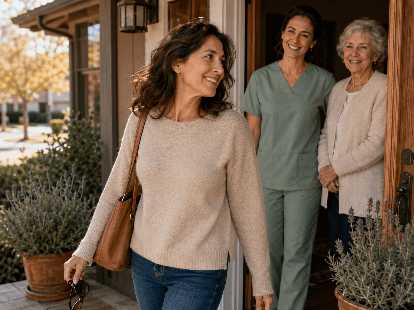Adult daughter leaving home with relief while Jane's Home Care caregiver and her mother smile at the doorway