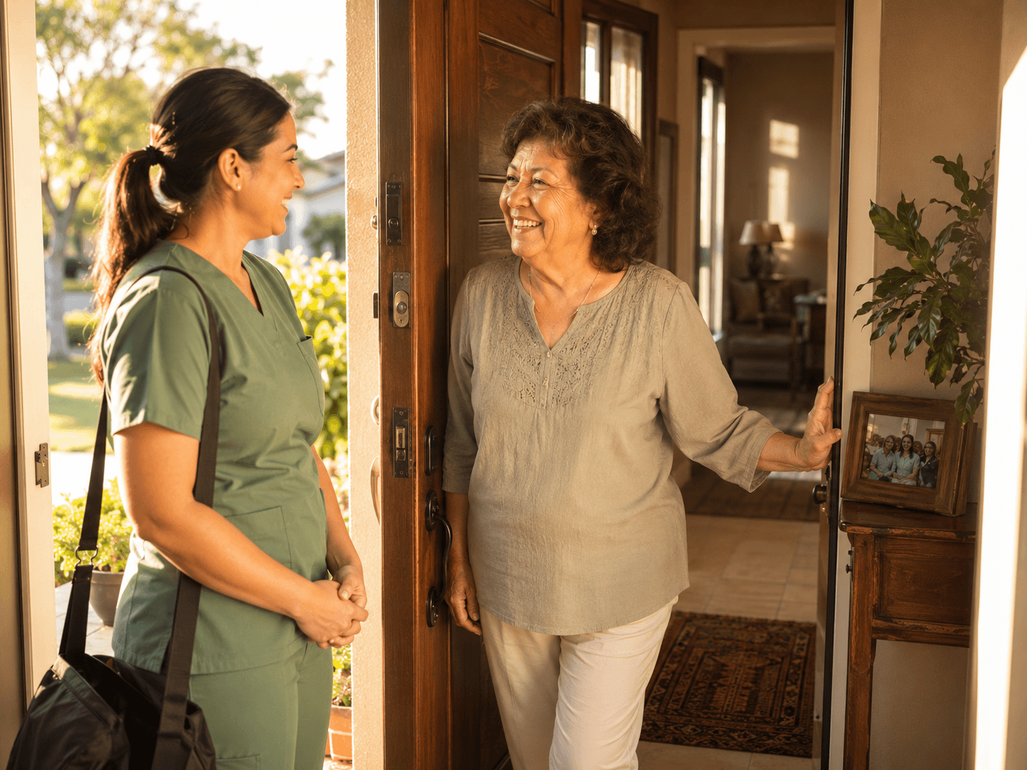 A caregiver being welcomed at the front door of a client's home