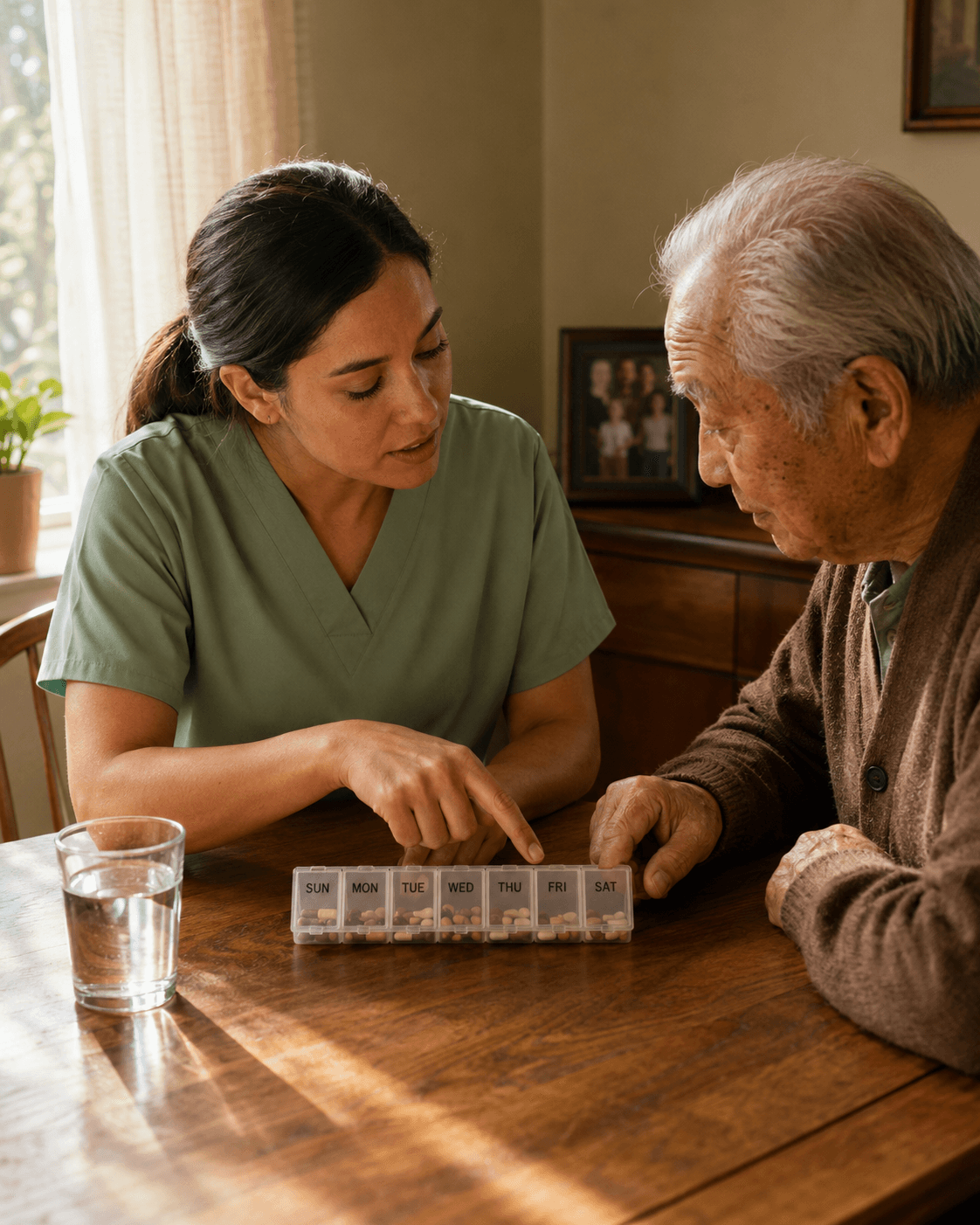 Jane's Home Care caregiver reviewing a weekly medication organizer with a senior client at a wooden dining table